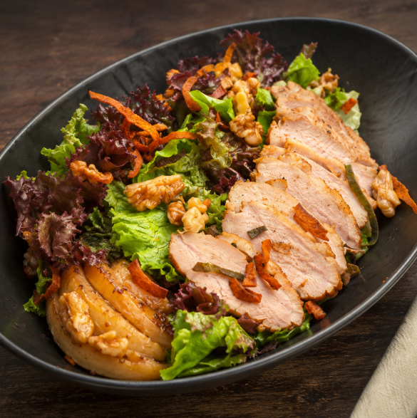 Slow-Smoked Duck Salad with Caramelized Pear and Walnuts